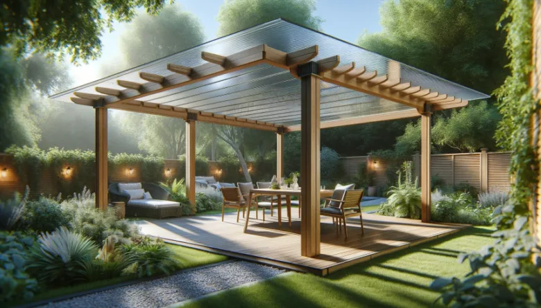 Moderní dřevěná pergola s průsvitným střešním pláštěm v zahradě.