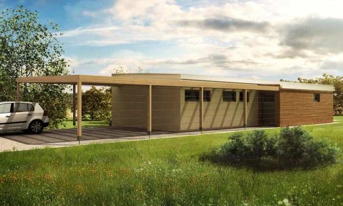 Moderní dřevěný bungalov s garáží na trávníku.