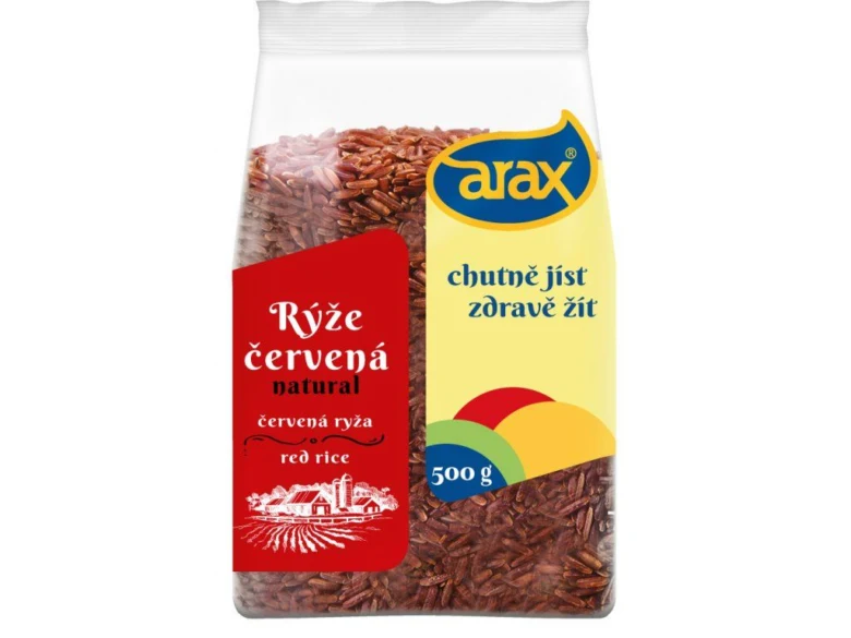Balíček červené rýže značky Arax s českým textem.