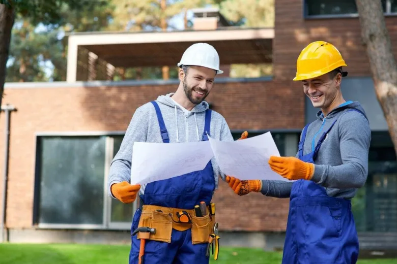 Construction workers reviewing plans