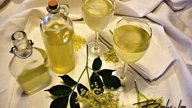 Domácí limonáda z černého bezu s džusem v láhvi.