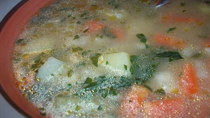 Hot barley vegetable soup with fresh herbs.
