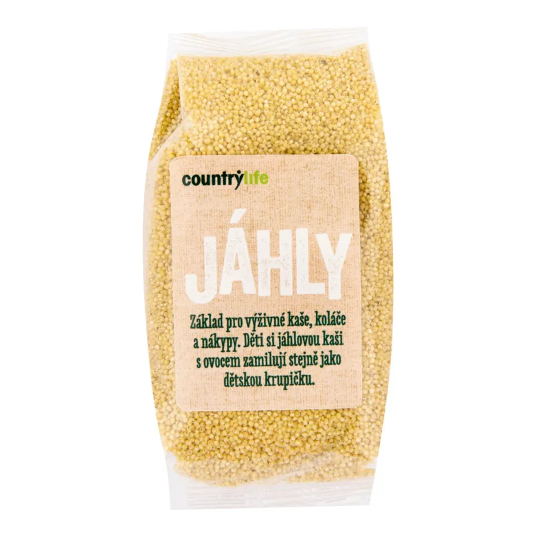 Balík žlutých jáhl značky Country Life na bílém pozadí.
