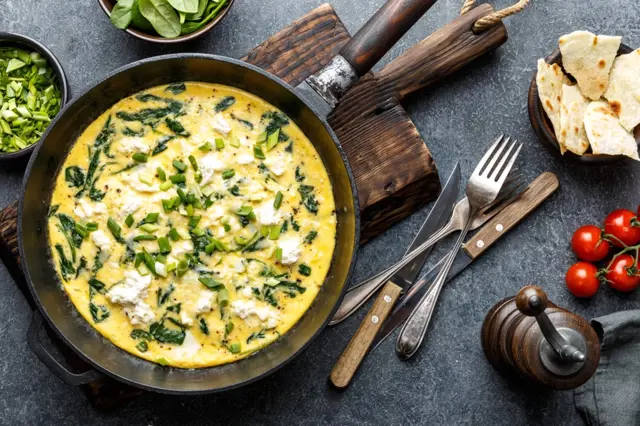 Hot spinach and cheese omelette ready to serve.