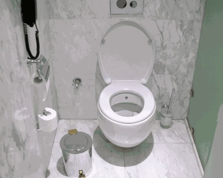 Moderní záchod ve sprchovém koutu s otevřenou víčkem