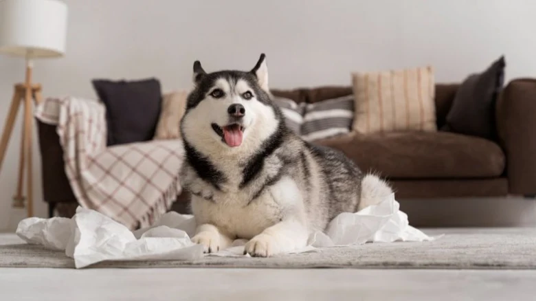 Šťastný husky leží na papírových utěrkách v obývacím pokoji.