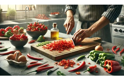 Člověk krájí červené chilli papričky na dřevěné prkno.