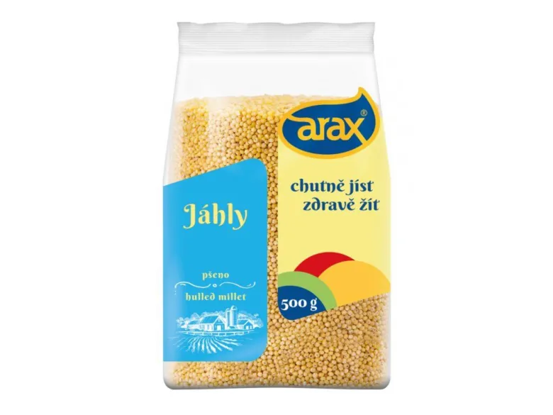 Balíček žlutozelených jáhl v obalu značky Arax.