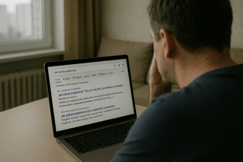 Muž hledá na internetu, jak vybrat projektanta pro spolupráci.