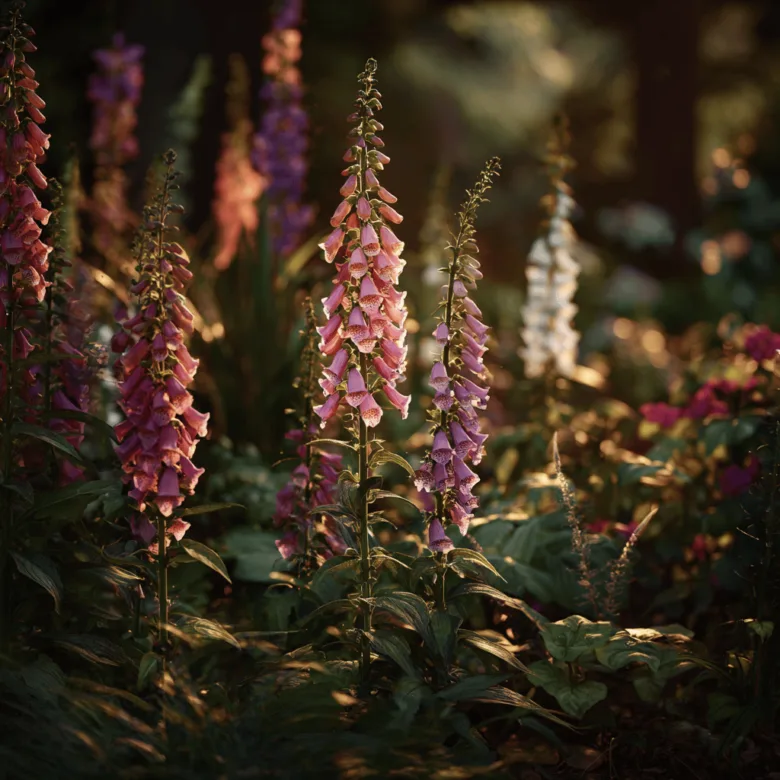 Růžové květy Digitalis purpurea v zahradním prostředí.