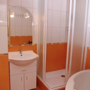 Modernizované bytové jádro s umyvadlem, sprchou a vaničkou.