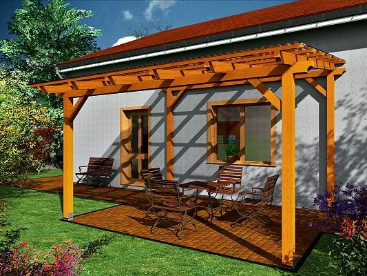 Dřevěná pergola s střechou pro ochranu před deštěm.
