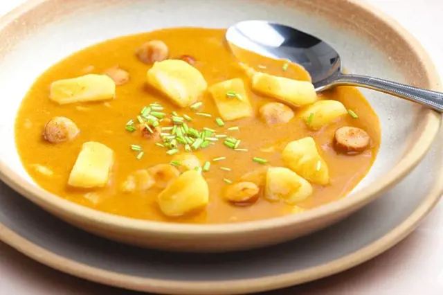 Hot Czech sausage and potato soup ready to eat.