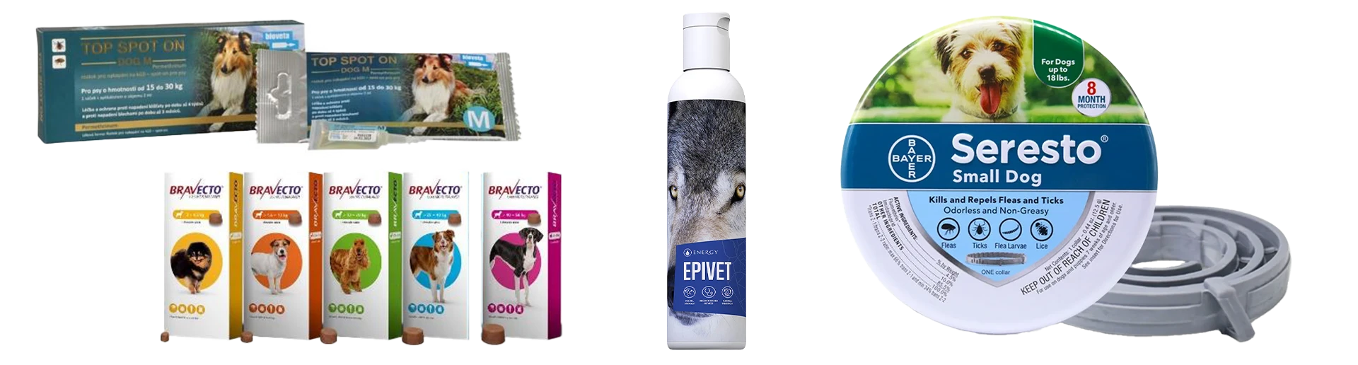 Různé léky na blechy a klíště pro psy