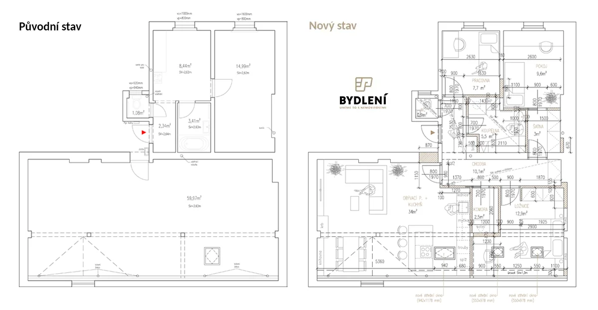 Půdní vestavba: původní a nový stav bytu s rozměry