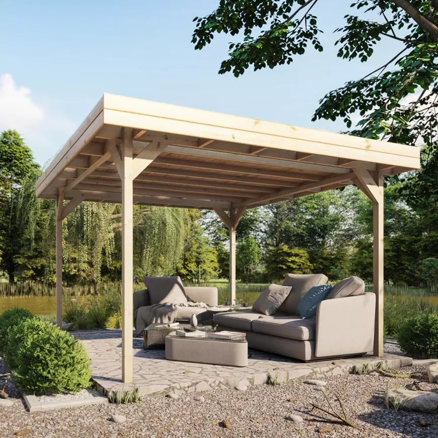 Wooden garden pergola with seating