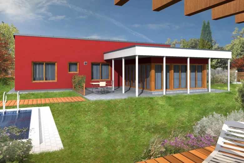 Moderní červený bungalov s bazénem a zahradou.