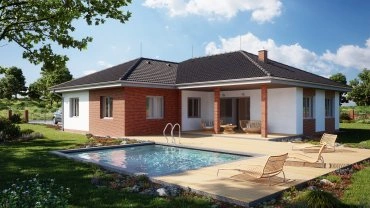 Moderní projekt domu s bazénem a zahradou pro inspiraci.