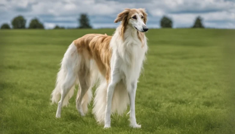 Barzoï dog standing in field