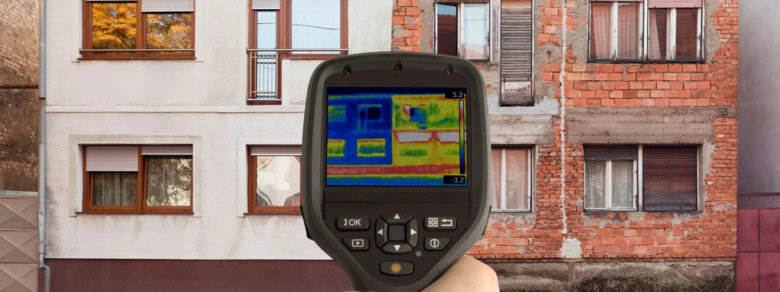 Termokamera při inspekci budovy pro průkaz energetické náročnosti.