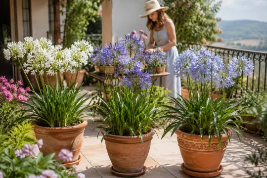 Žena péče o vějířovky v hrncích na slunném balkóně s kvetoucími bílými a fialovými květy.