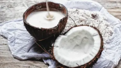 Čerstvé kokosové mléko nalité do poloviny kokosu s strouhankami.