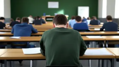 Žáci sedící za stoly v učebně při zkoušce.