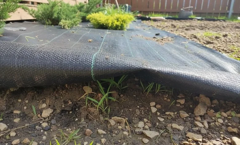 Černá geotextilie na zahradě s rostlinami a trávou pod ní.